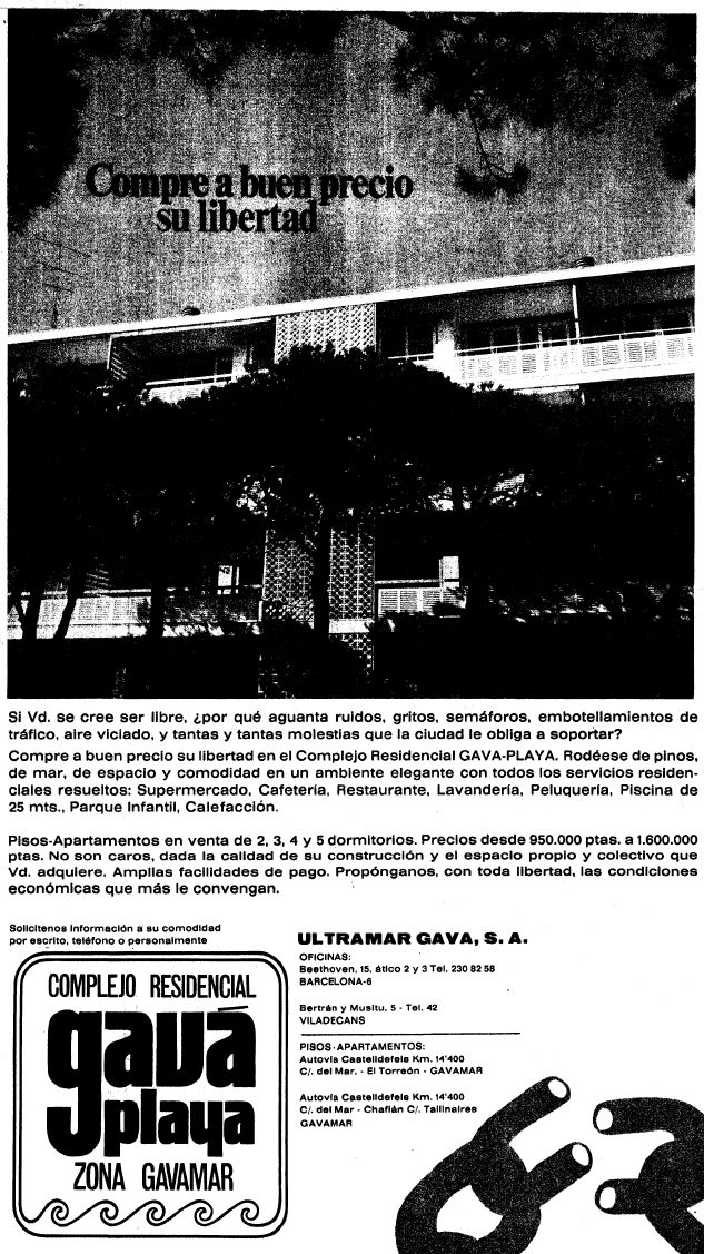 Anuncio de los actuales apartamentos TORREON de Gav Mar publicado en el diario LA VANGUARDIA (26 de Marzo de 1968)